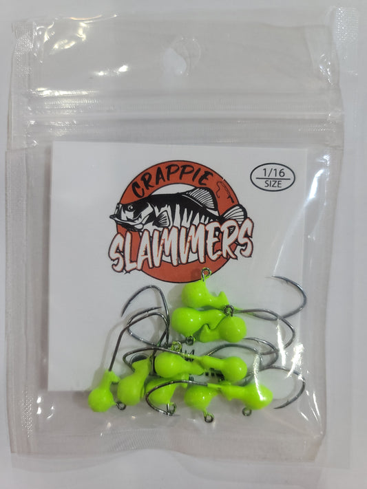 1/16oz Sickle Hook Jig Heads - Chartreuse Green Glow